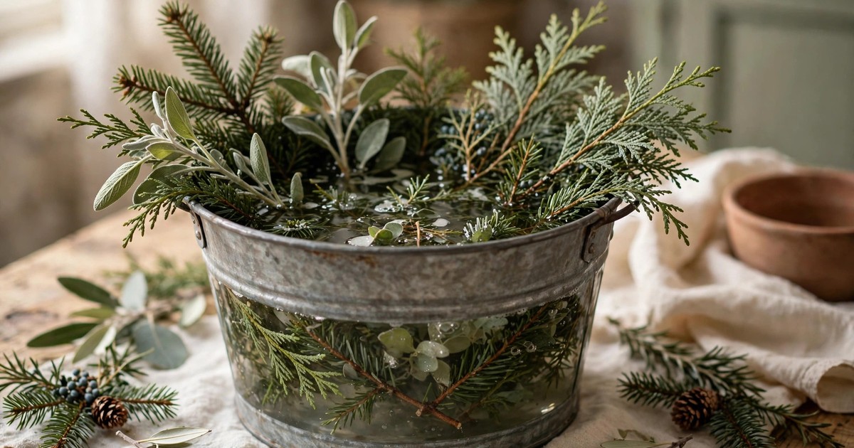 Christmas greenery branches soaking in a bucket of water overnight before arranging