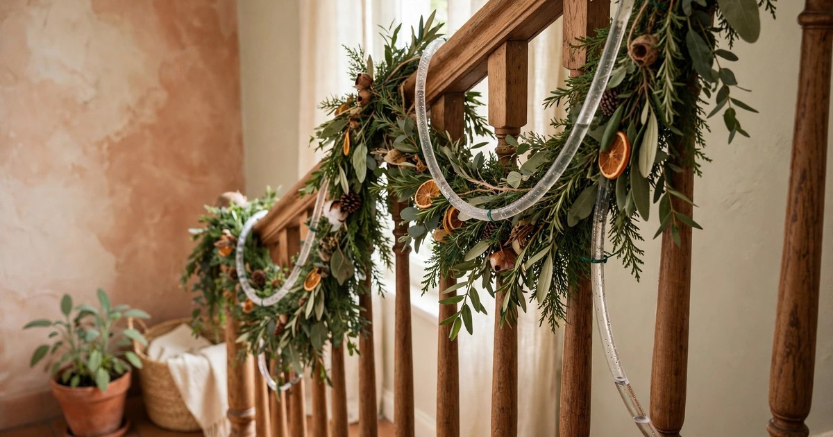 A Christmas garland with a water tube on its stems draped along a staircase banister