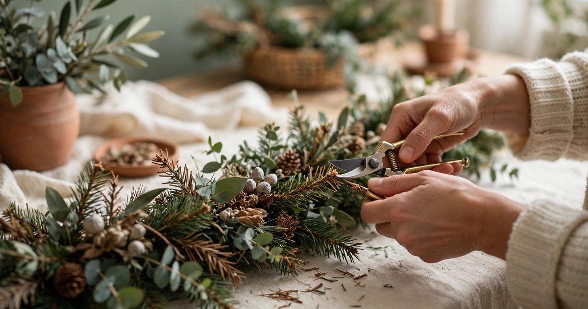 Pruning dry tips from a Christmas garland to refresh it mid-December