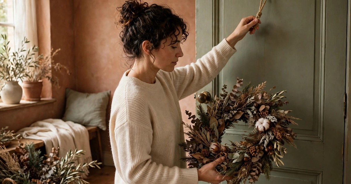 Removing dry Christmas greenery from a door at the end of the holiday season