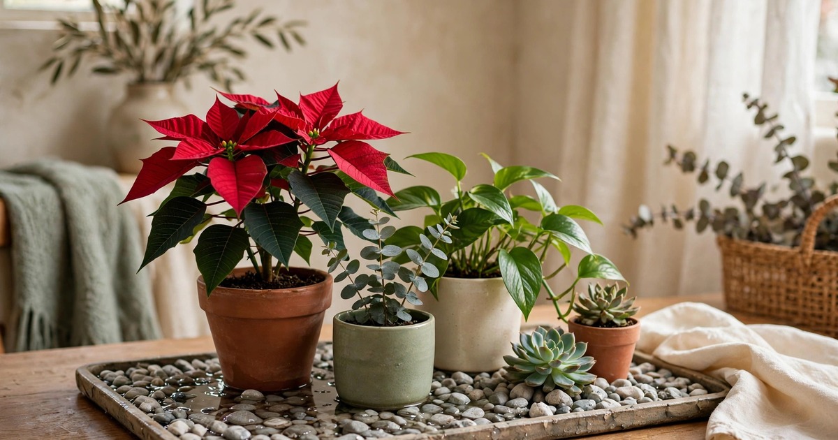 A poinsettia grouped with other houseplants on a pebble tray for humidity