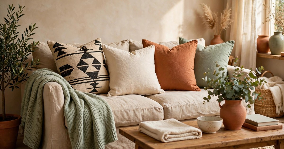 Mudcloth pillows styled on a sofa with terracotta, cream and sage accents