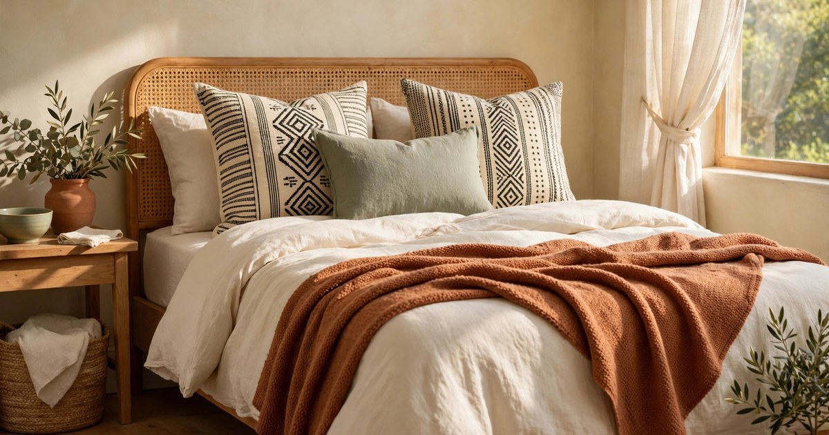 Bed styled with mudcloth pillows, cream bedding and a terracotta throw