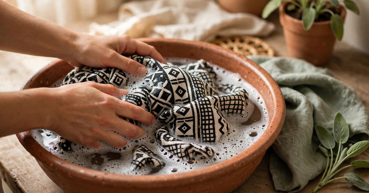 Hand washing a mudcloth pillow cover in a basin, showing fabric care