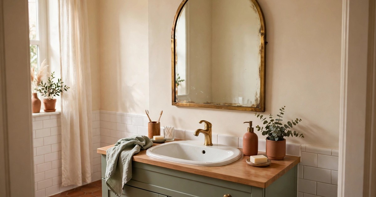 Arched brass mirror hung above a rental bathroom sink