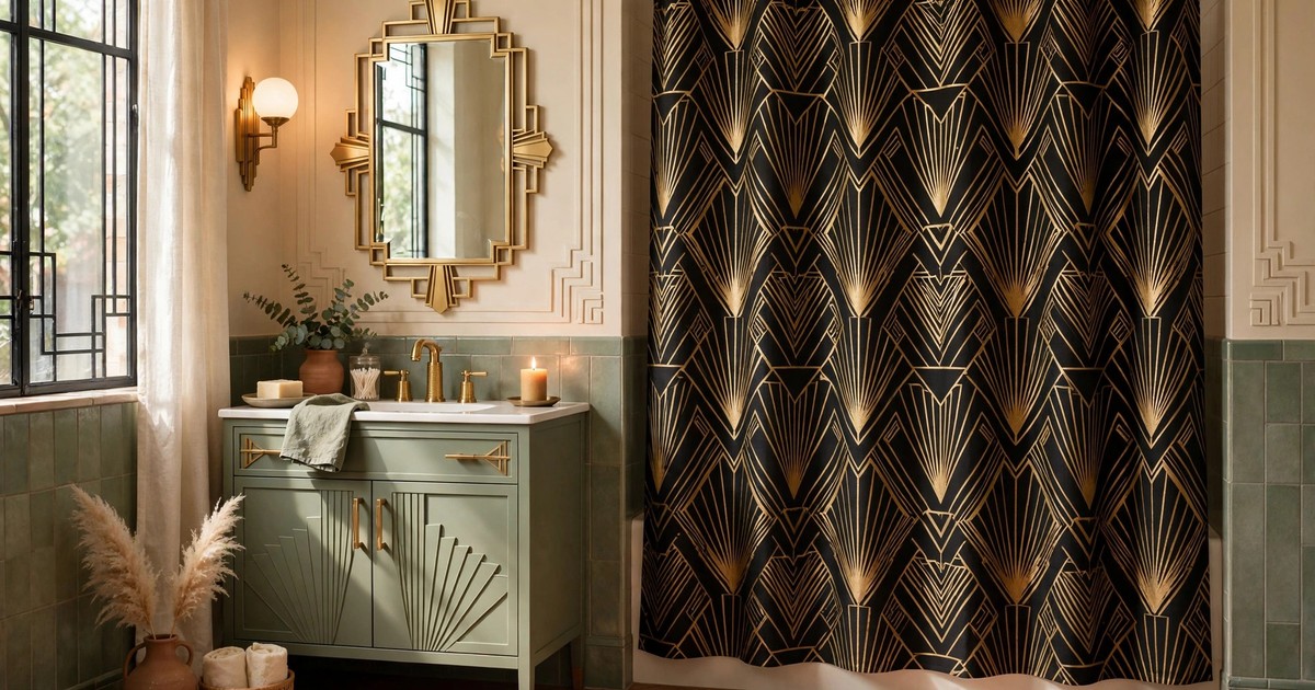 Black and gold geometric patterned shower curtain in an art deco bathroom