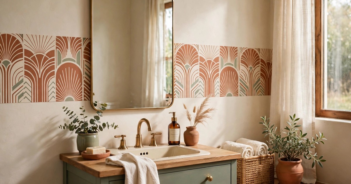 Removable art deco wallpaper accent strip behind a bathroom mirror