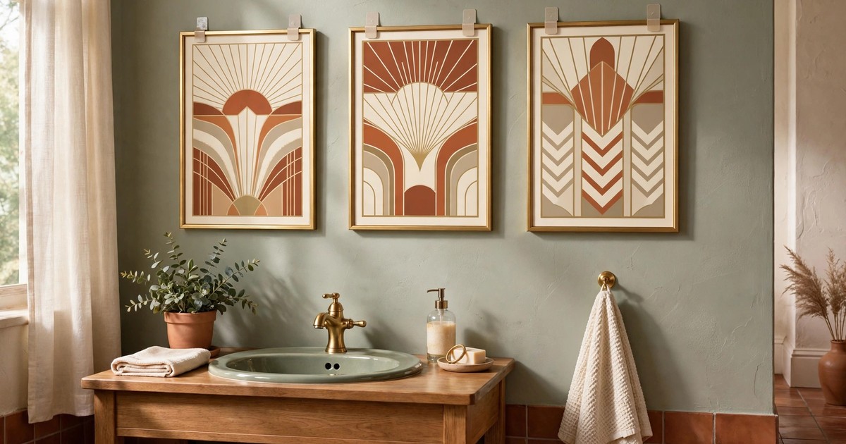 Gold-framed art deco prints hung with removable strips on a bathroom wall