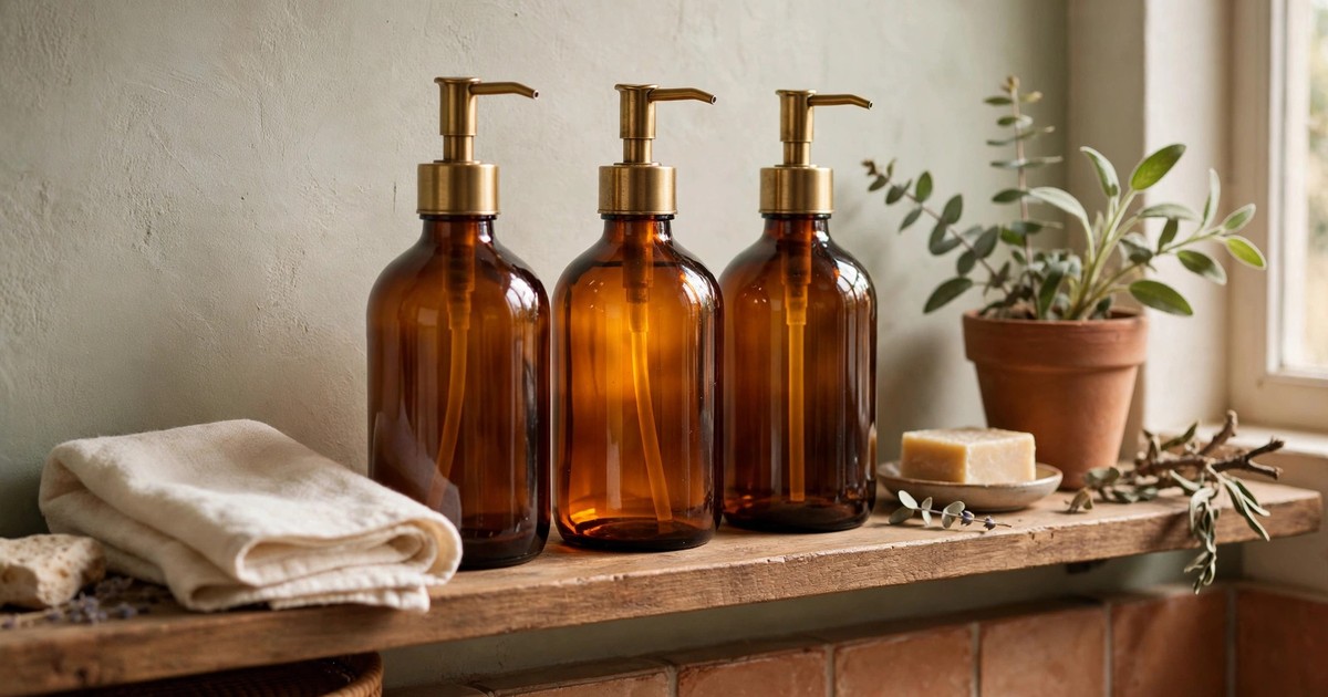 Amber glass soap dispensers with brass pumps on a bathroom shelf