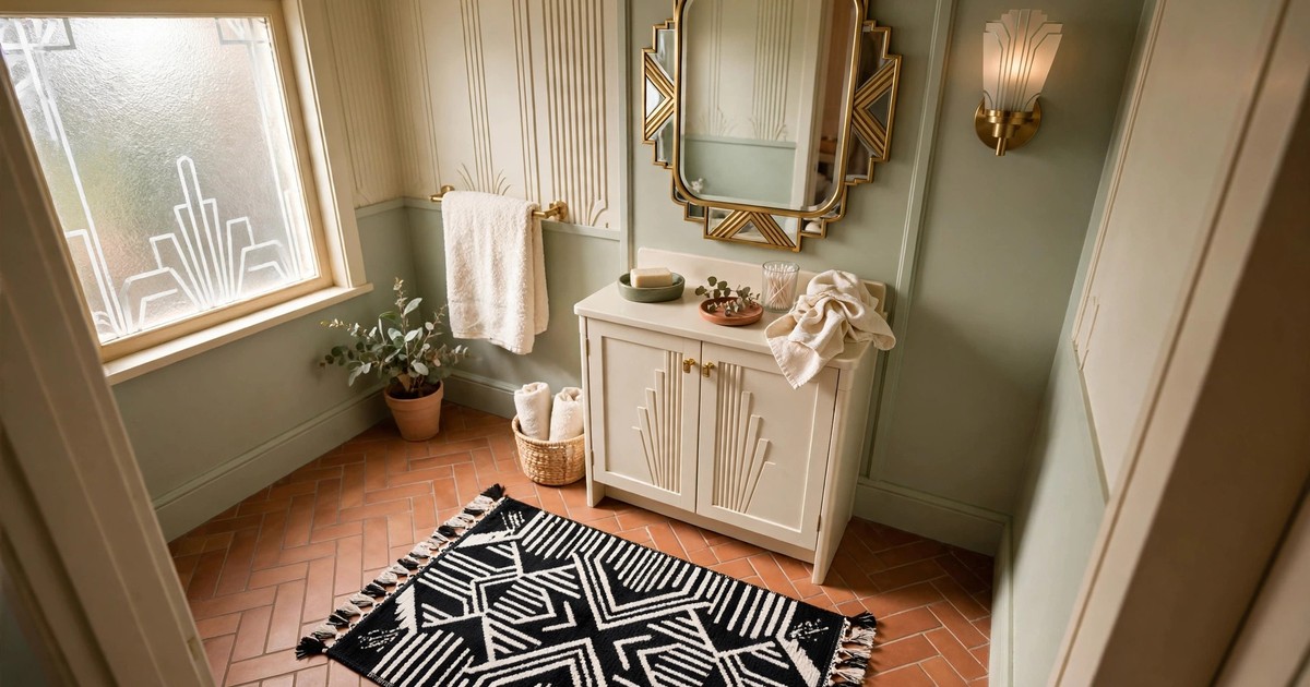 Black and white geometric bath mat in a small art deco style bathroom