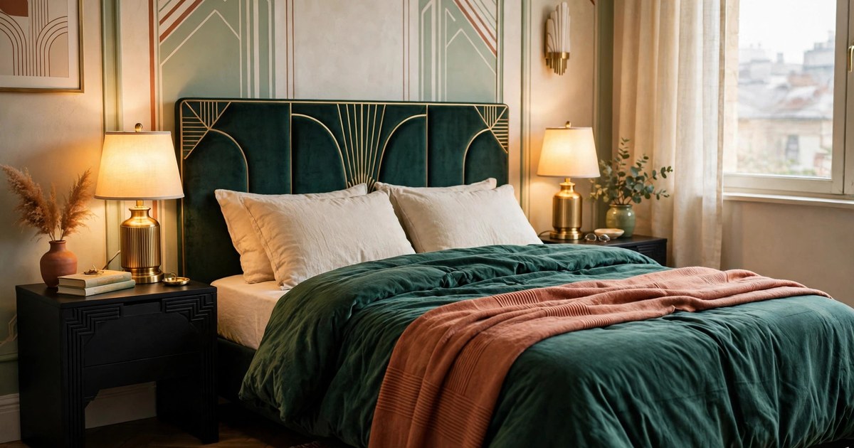 Pair of brass table lamps on nightstands in a neo deco bedroom