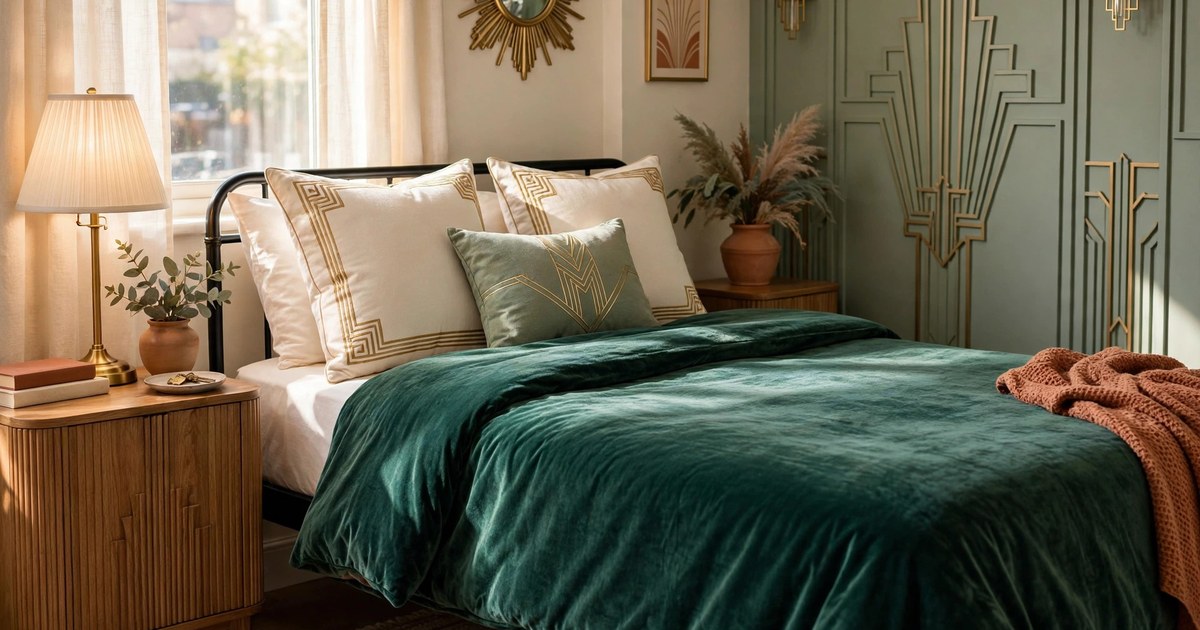 Jewel tone emerald velvet bedding with gold trim pillows