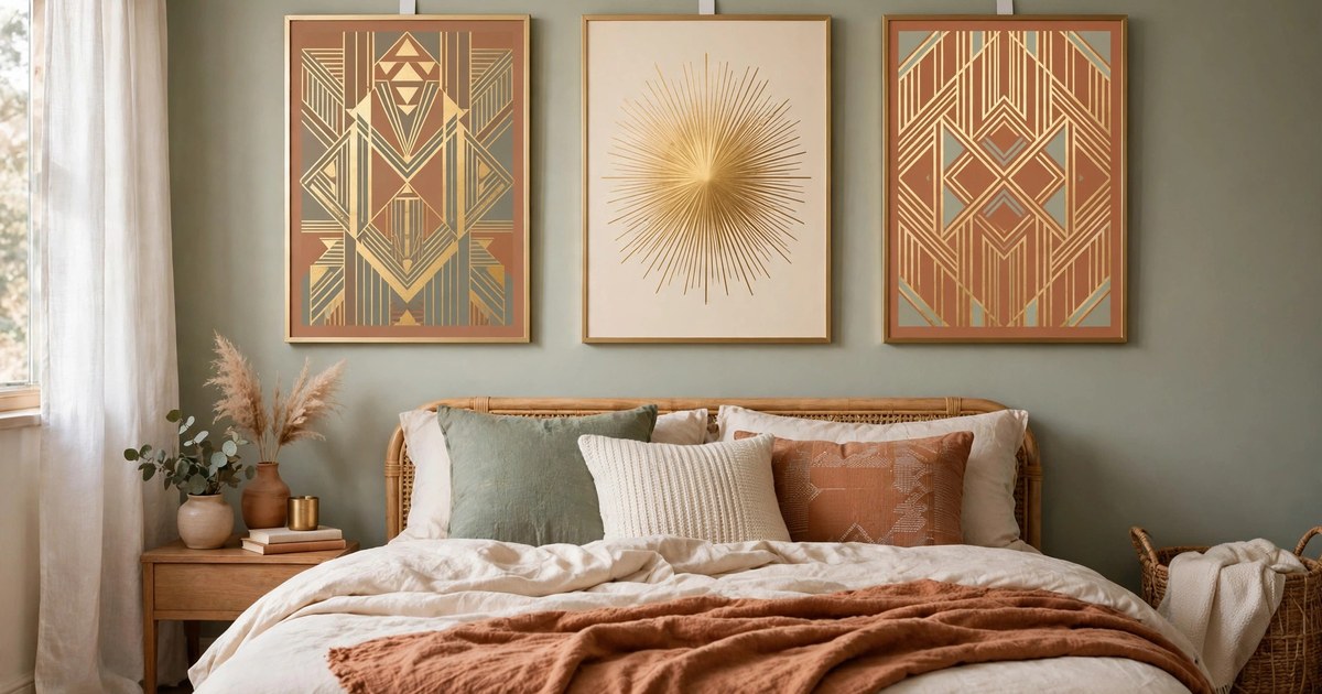 Gold sunburst wall art hung with no-drill strips above the bed