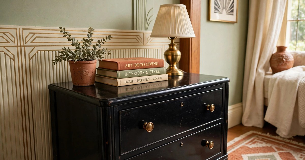 Black lacquer nightstand with swapped brass knobs