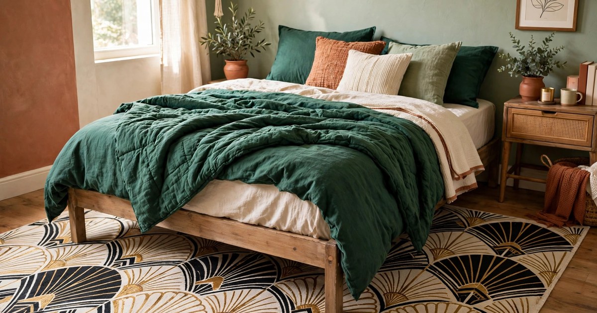 Geometric art deco fan pattern rug under the bed