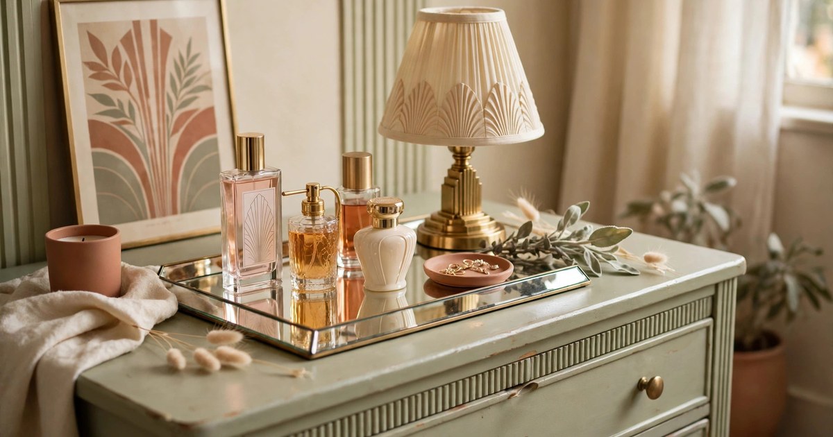 Mirrored tray with perfume bottles styled on a dresser