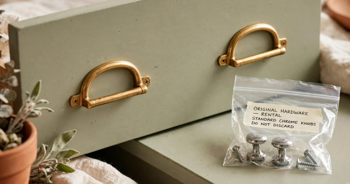 Brass cabinet pulls swapped on a rental dresser