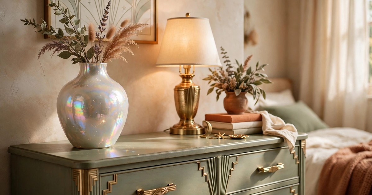 Pearlescent celestial vase as an accent in a neo deco bedroom