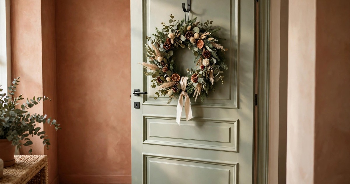 A Christmas wreath hanging on an over-the-door metal hook on an apartment front door