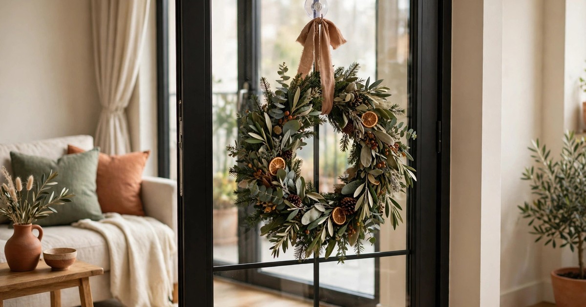 A Christmas wreath hanging from a suction cup hook on a glass apartment door