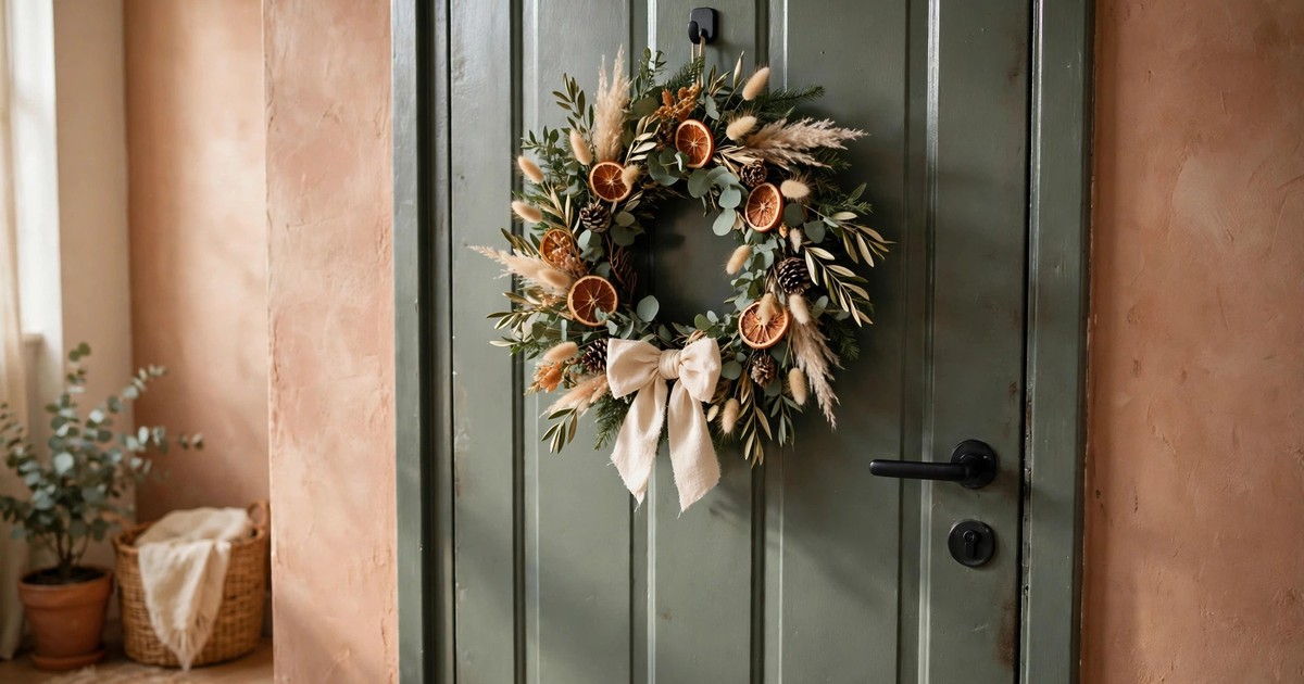 A Christmas wreath hanging from a magnetic hook on a metal apartment door