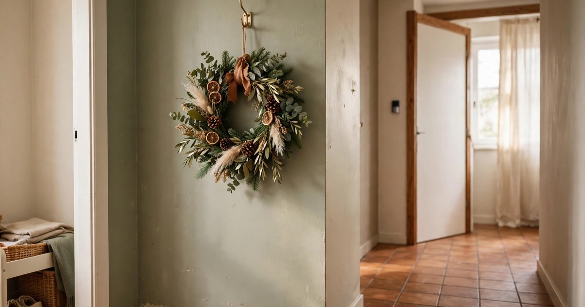 A Christmas wreath hanging on an existing wall coat hook in a rental hallway