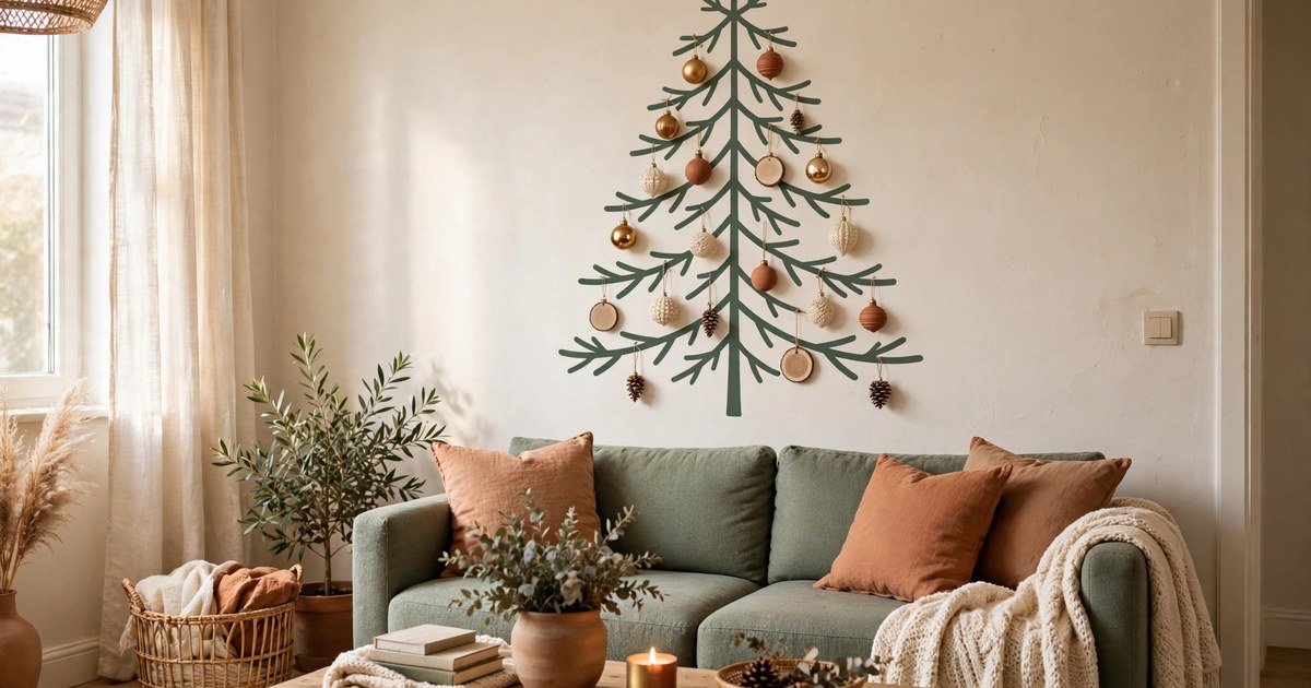 A peel-and-stick Christmas tree wall decal on a rental apartment wall with ornaments
