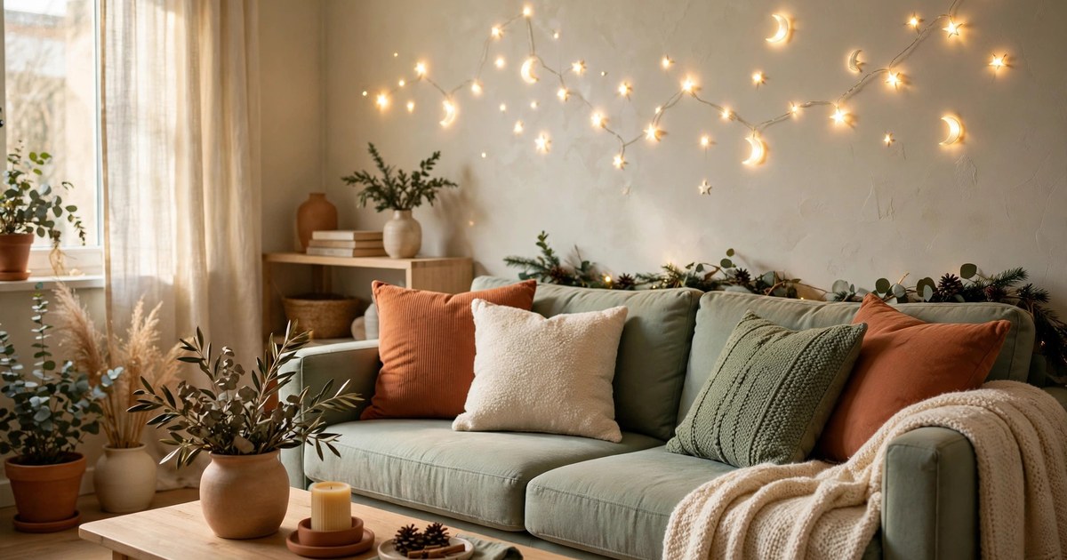Peel-and-stick fairy light wall decals glowing along a rental apartment wall