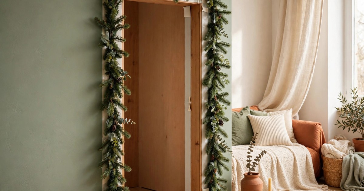 Peel-and-stick pine garland along an apartment doorframe with adhesive backing