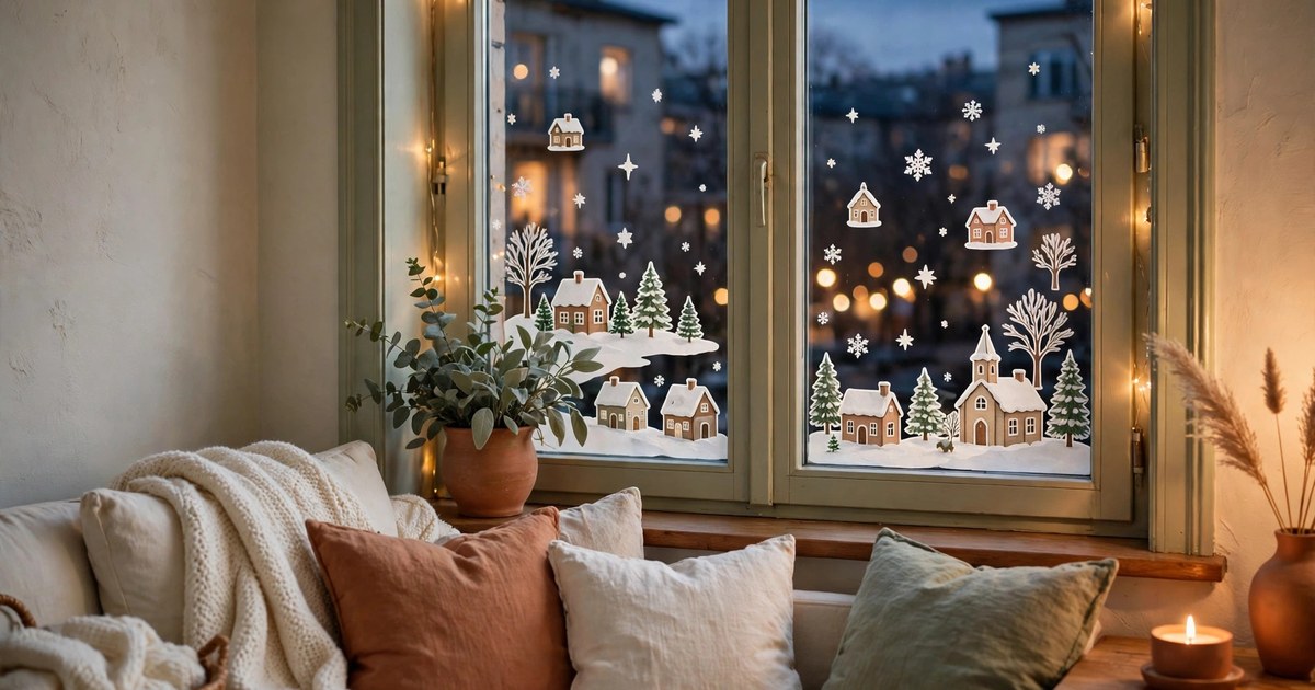 Christmas village window stickers on an apartment window at dusk