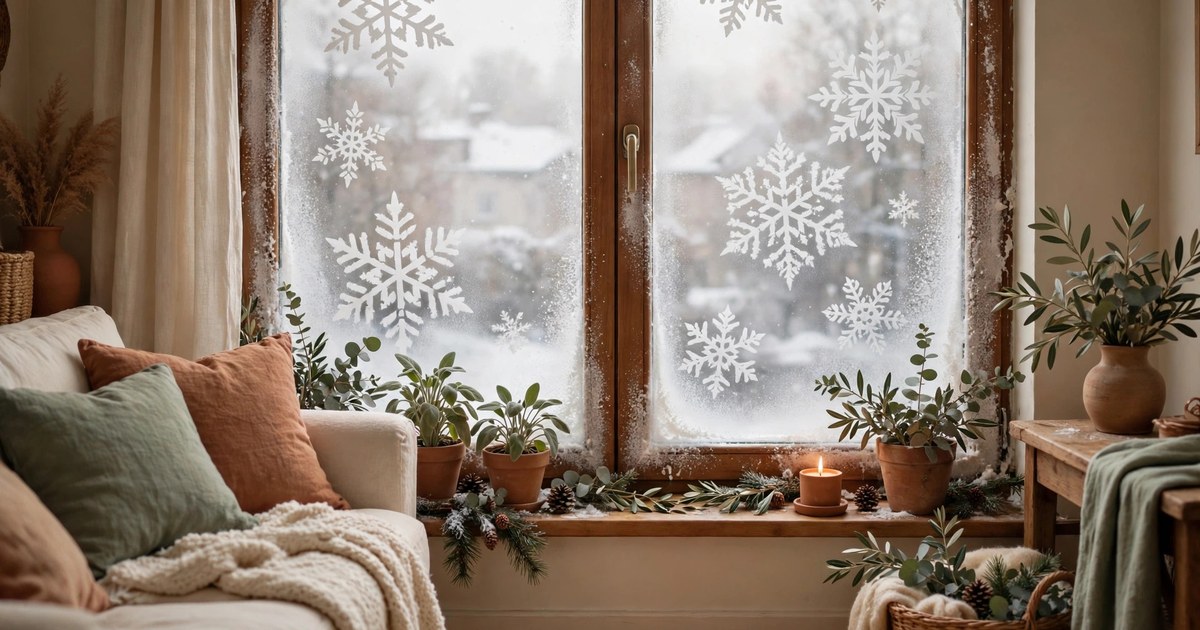 Snow spray stencils creating a snowy window scene on an apartment window