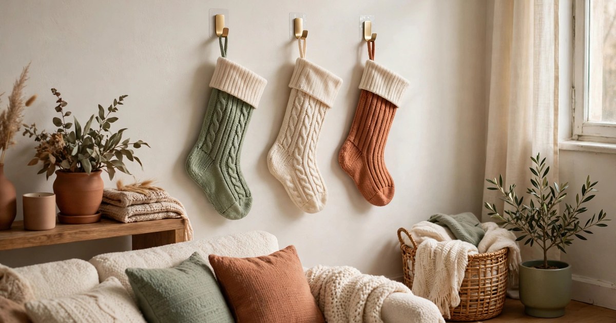 Peel-and-stick stocking holders on a rental wall holding Christmas stockings