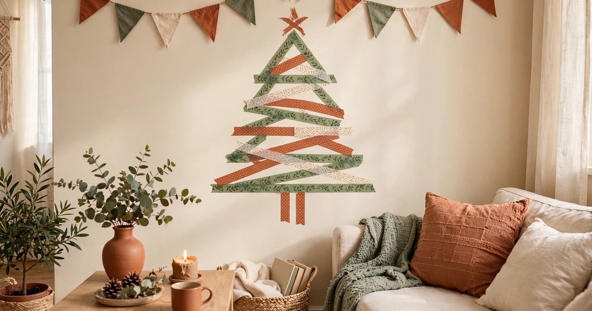 Washi tape Christmas tree and bunting on a rental apartment wall