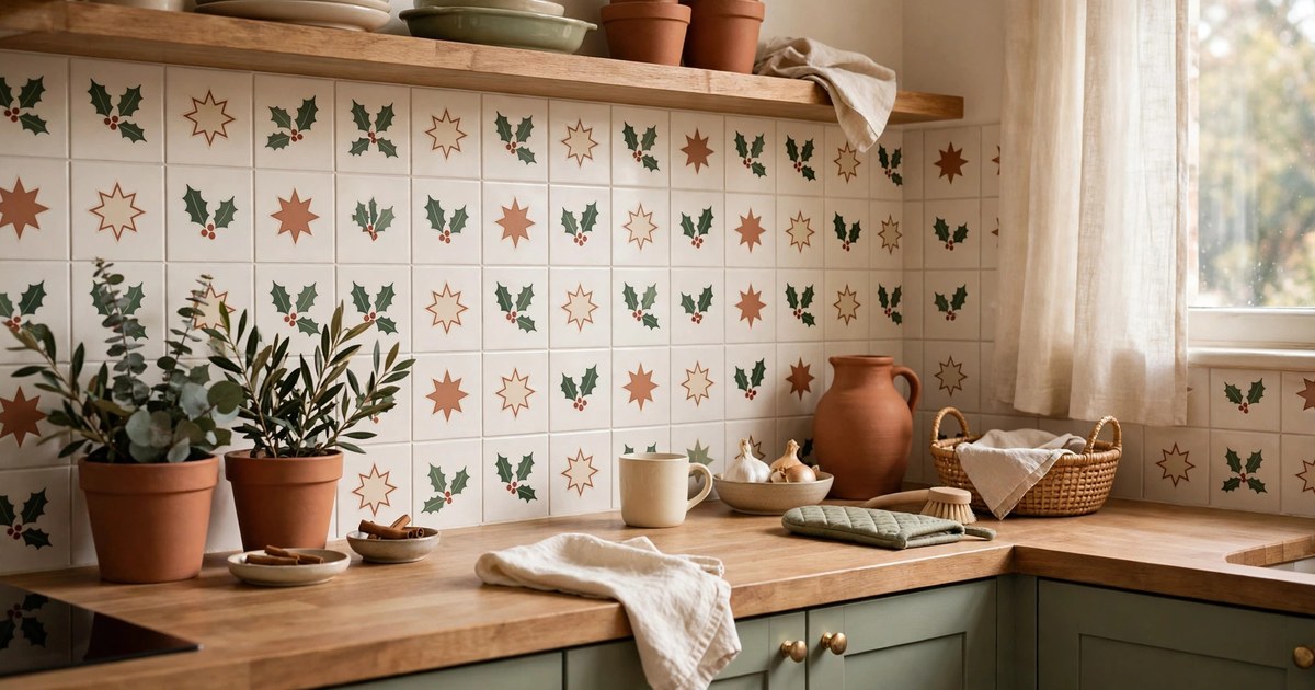 Peel-and-stick Christmas tile decals on a rental kitchen backsplash