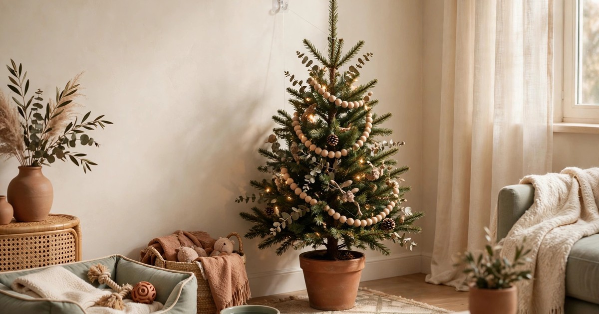 A Christmas tree secured to a wall with a removable adhesive hook and fishing line in a pet-friendly rental