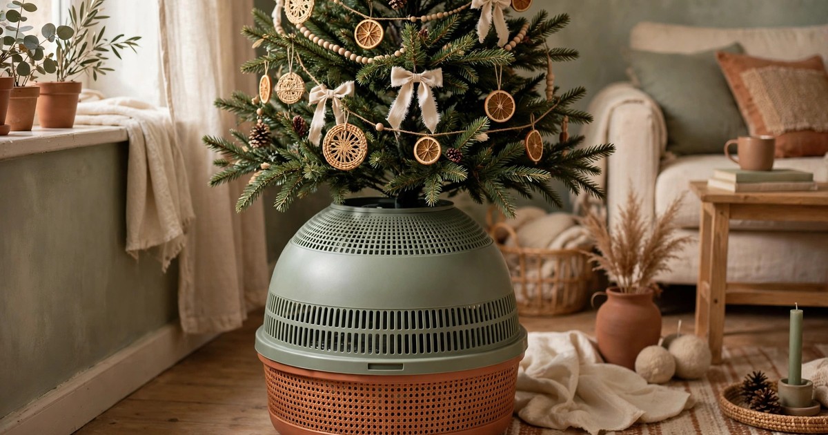A Christmas tree stand with a covered water reservoir to keep pets from drinking in a rental