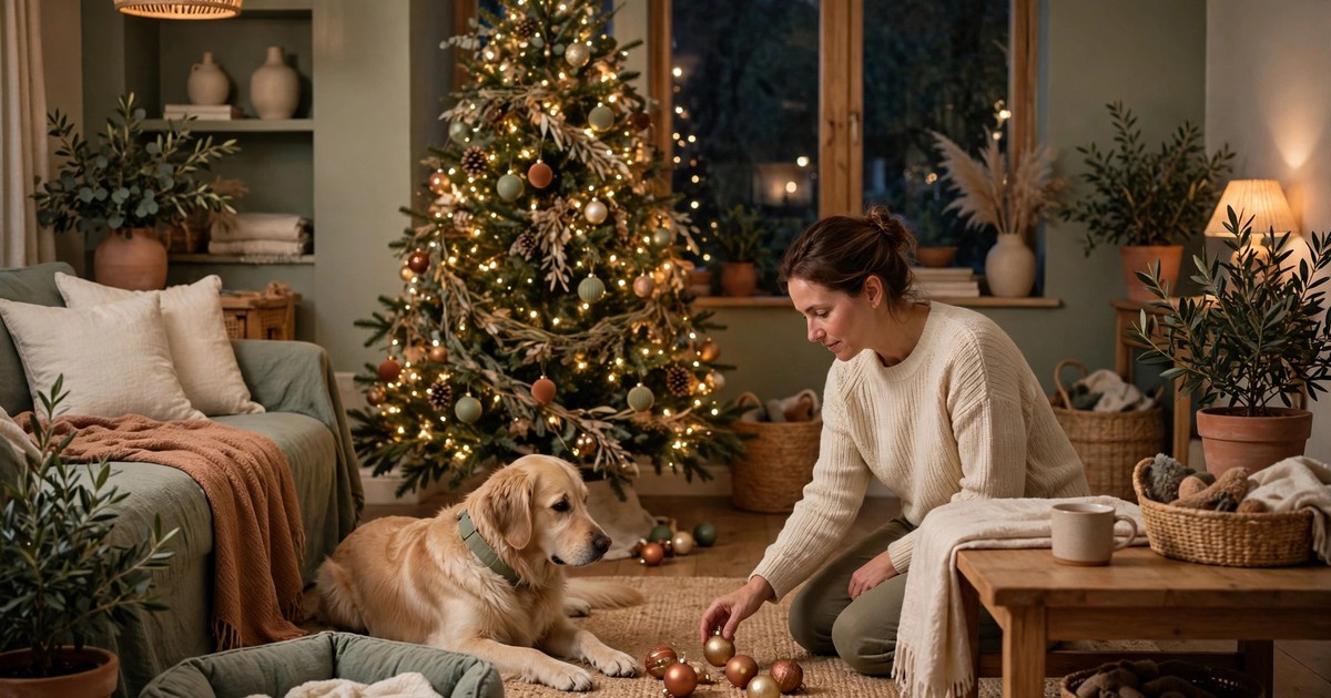 A person checking Christmas decorations and picking up fallen ornaments in a pet-friendly living room at night