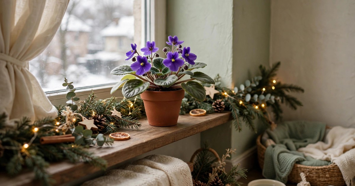 An African violet with purple flowers in a small pot on a windowsill in a pet-friendly apartment