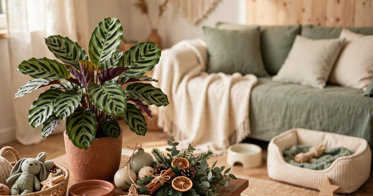 A calathea with patterned leaves in a pot beside Christmas decorations in a pet-friendly living room