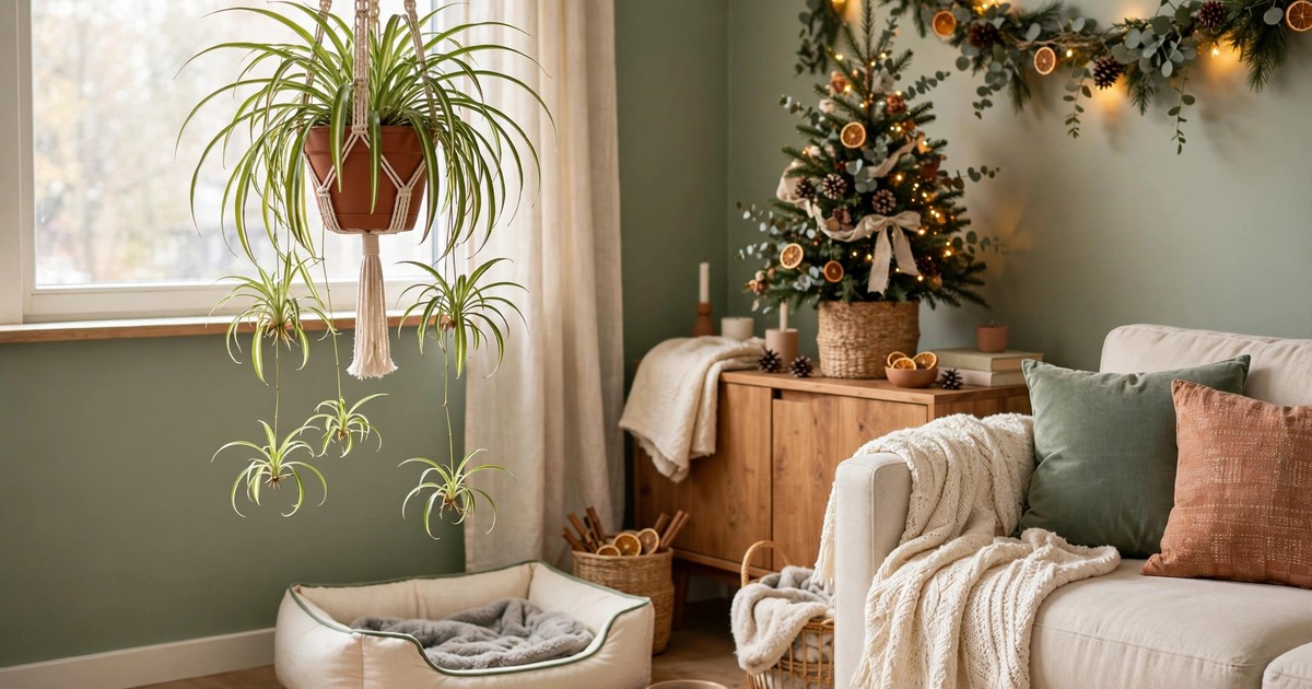 A spider plant with trailing plantlets in a hanging pot in a bright pet-friendly apartment