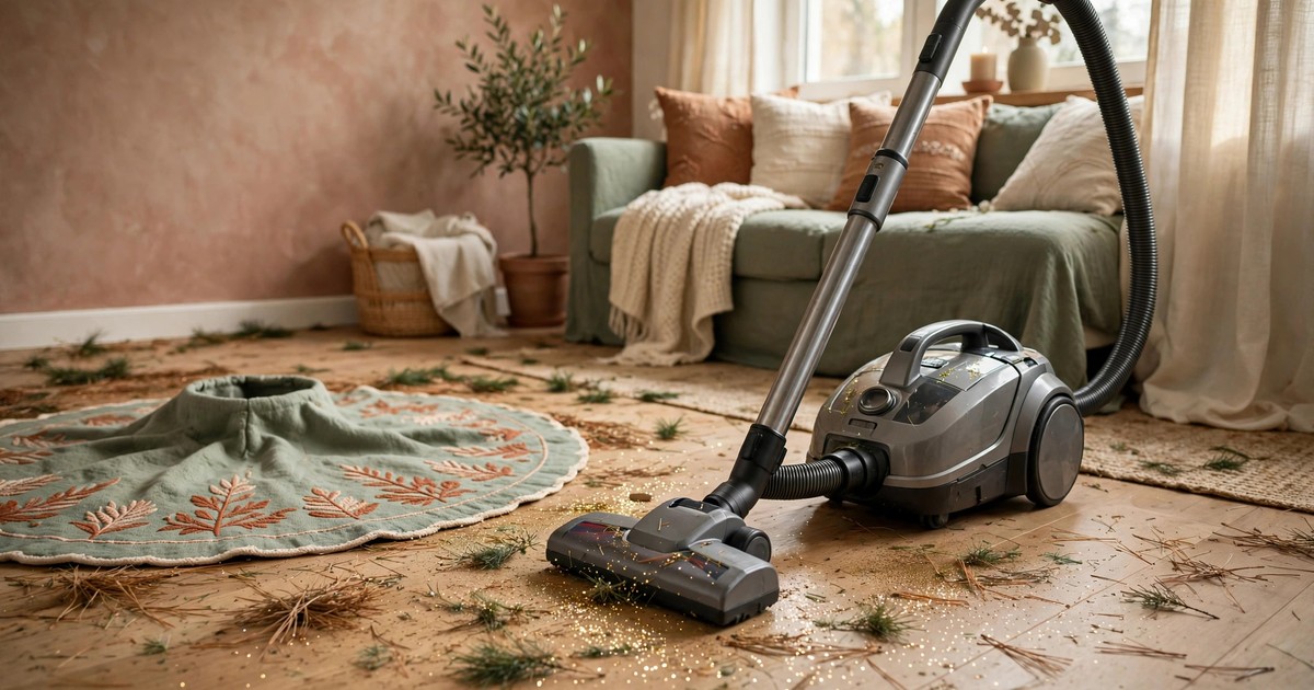 A vacuum cleaning up pine needles and glitter from a rental apartment floor after Christmas