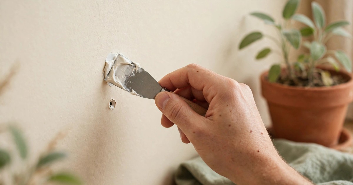 A small nail hole in a rental wall being filled with white filler before painting over