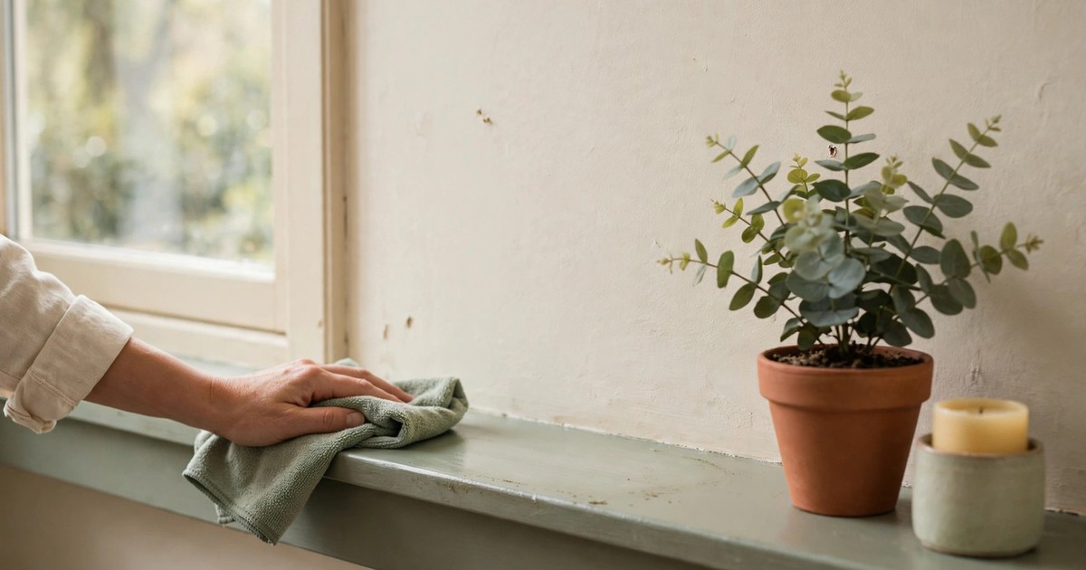 A clean rental wall and windowsill after holiday decor removal, with a microfibre cloth