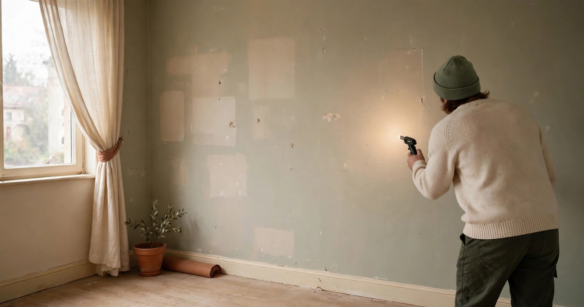 A renter doing a final walkthrough inspection of a clean apartment wall after decor removal