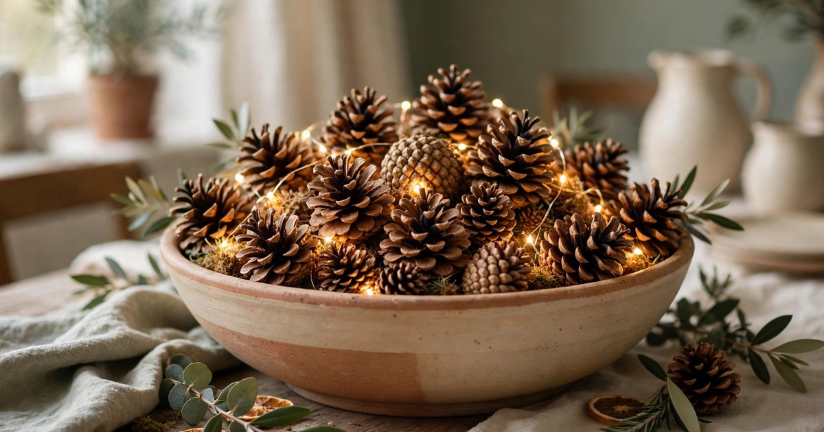 A large bowl filled with pinecones and warm fairy lights as a Christmas table centerpiece