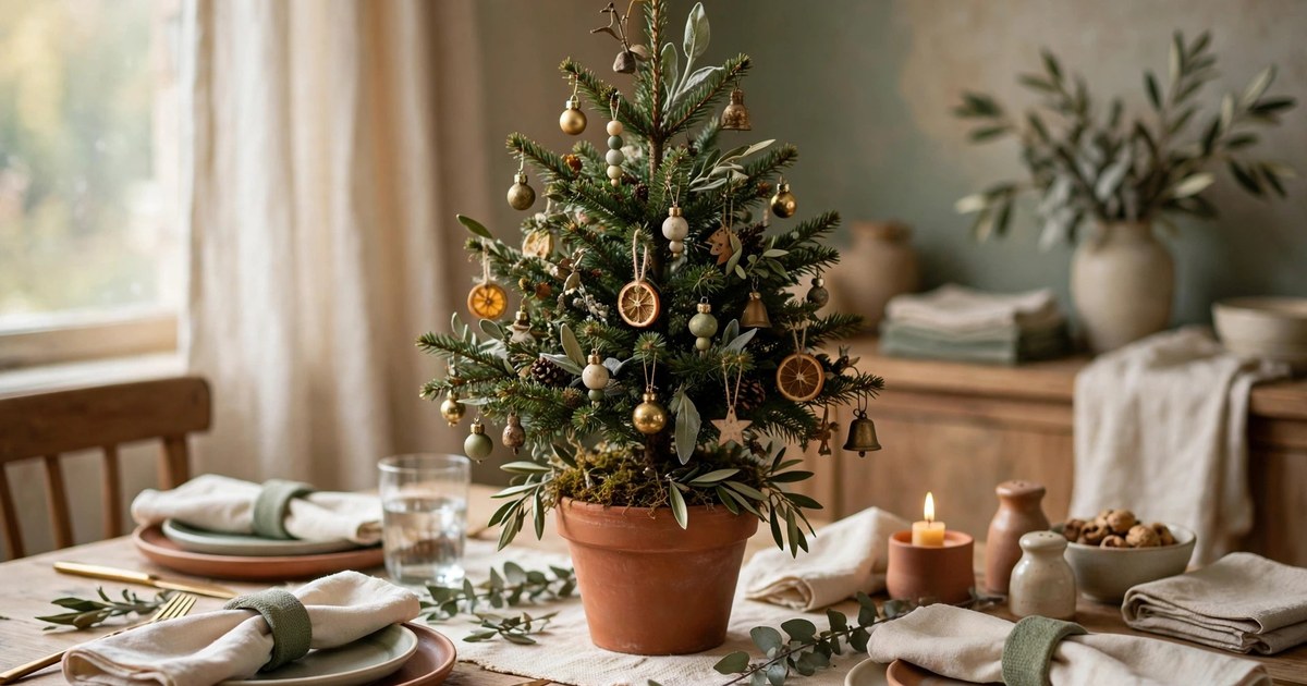 A small potted Christmas tree decorated with tiny ornaments as a dining table centerpiece