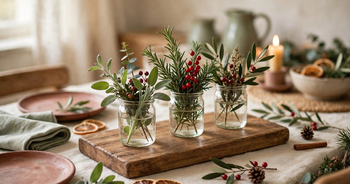 A wooden serving board with glass jars holding sprigs of greenery and berries on a Christmas table