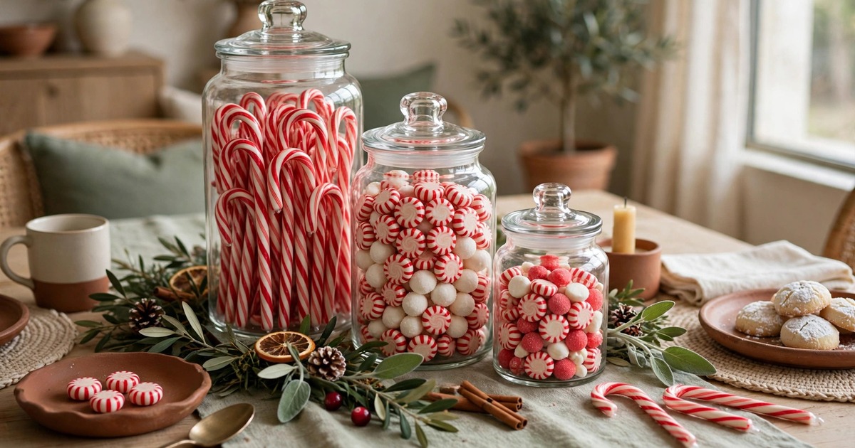 Glass jars filled with red and white candy canes and sweets as a Christmas table centerpiece