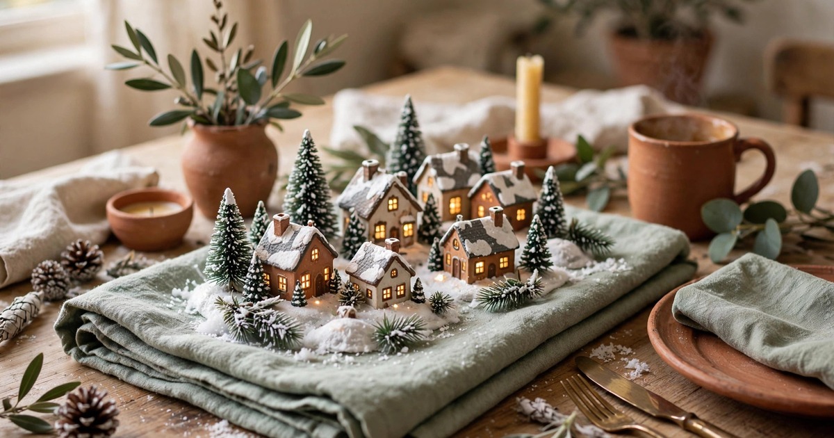 A miniature snowy Christmas village scene arranged on a folded tea towel on a dining table