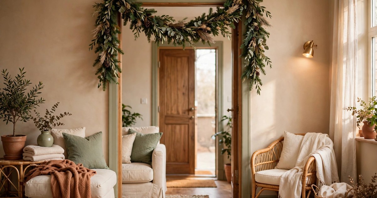Christmas garland draped over an apartment doorway hung with adhesive hooks